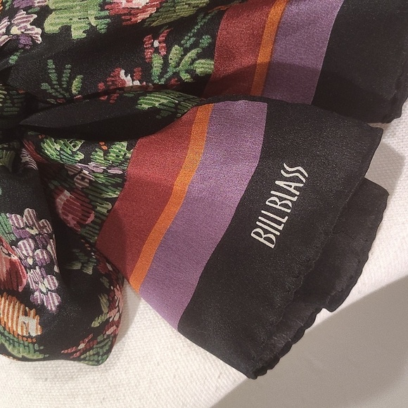 Bill Blass Printed Silk Scarf Black Gold Floral Head Neck Scarf Vintage - Picture 3 of 5